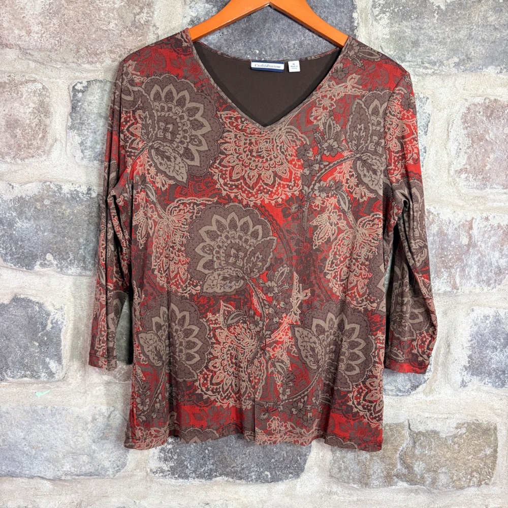 Croft & Barrow Women's XL Brown Red Floral Paisley Mesh V-Neck 3/4 Sleeve Top